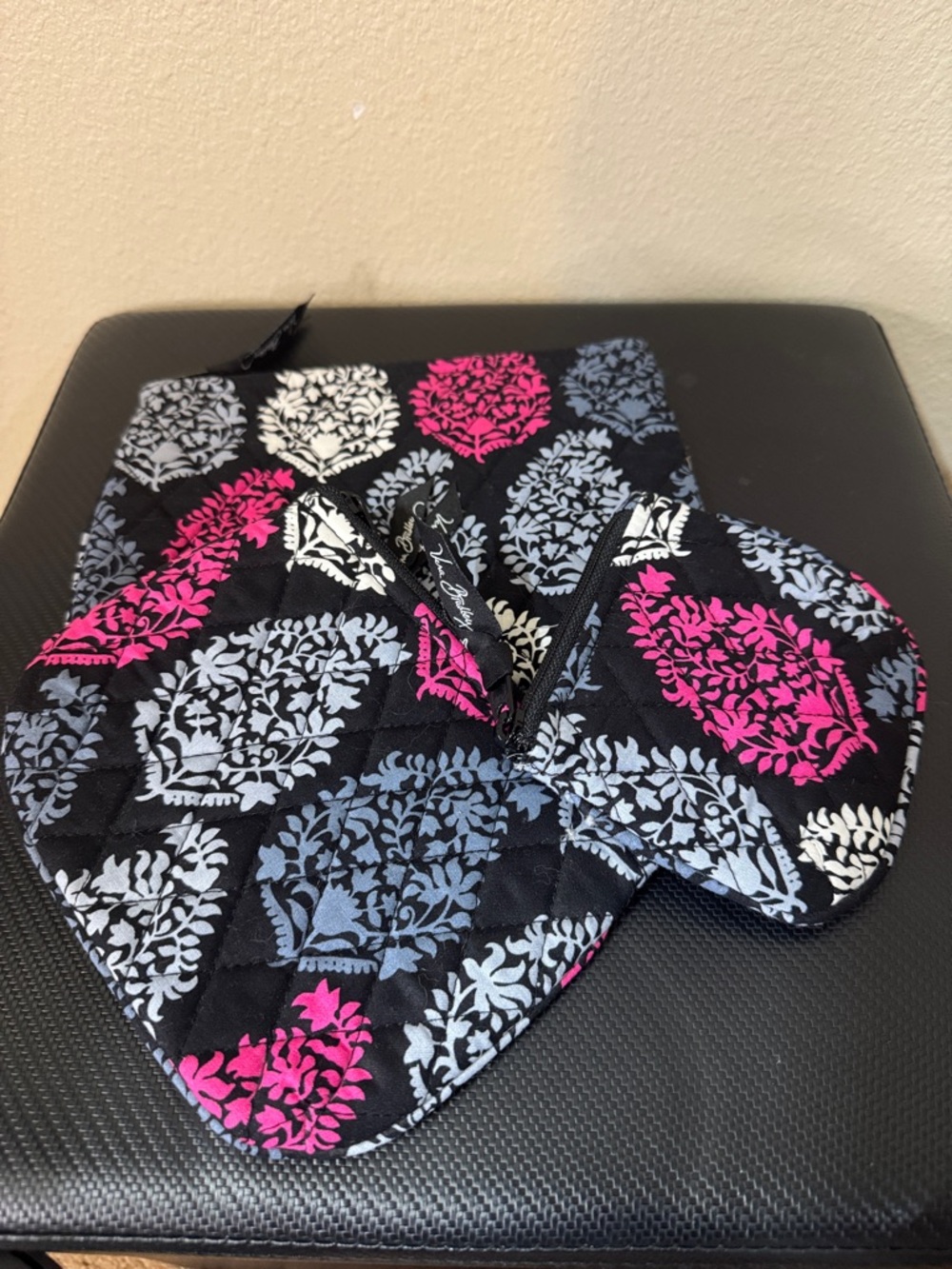Vera Bradley Black Quilted Potholder Set with Pink and Gray Medallion Print